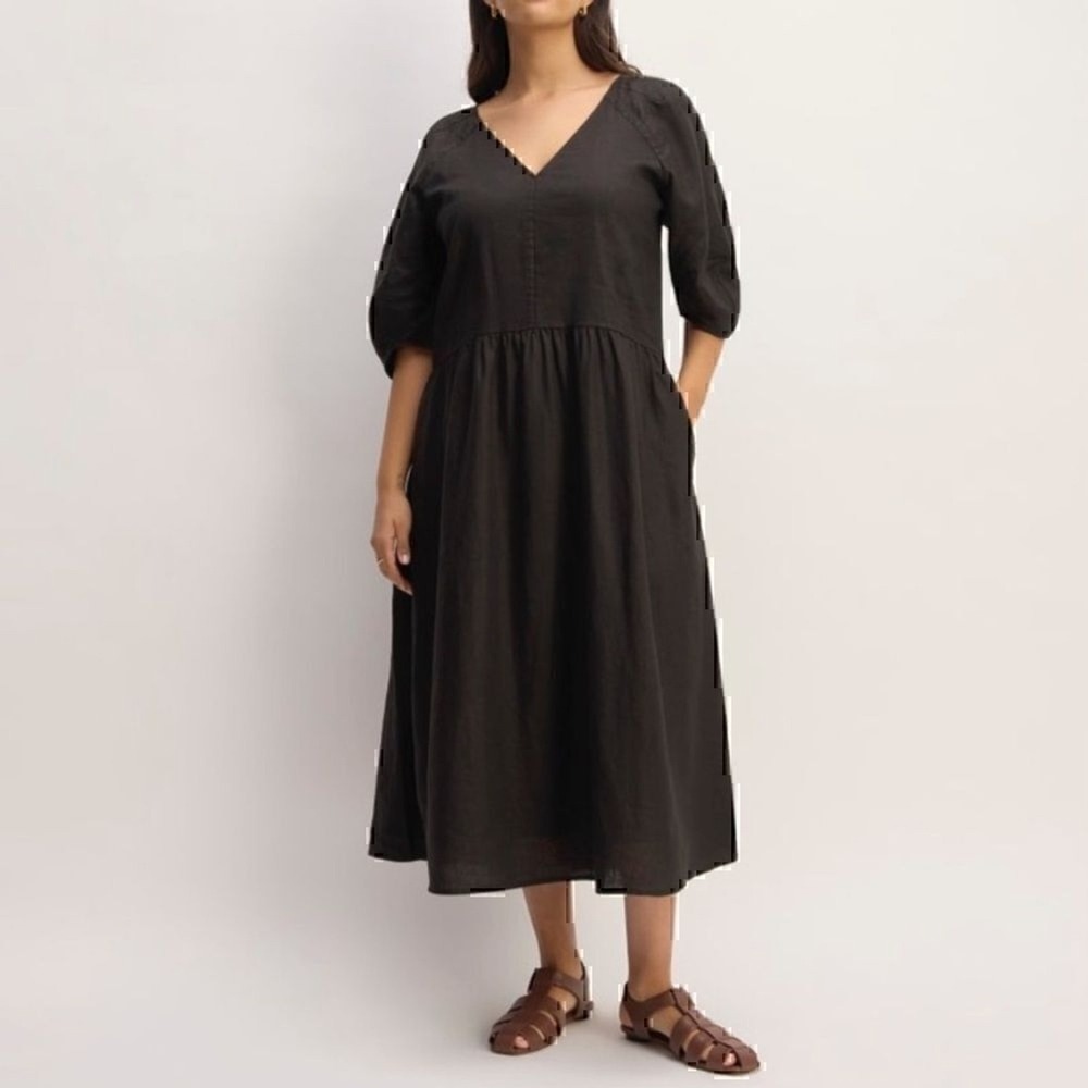 NEW Everlane The Linen Oversized Puff Sleeve Dress Black XS Sustainable
